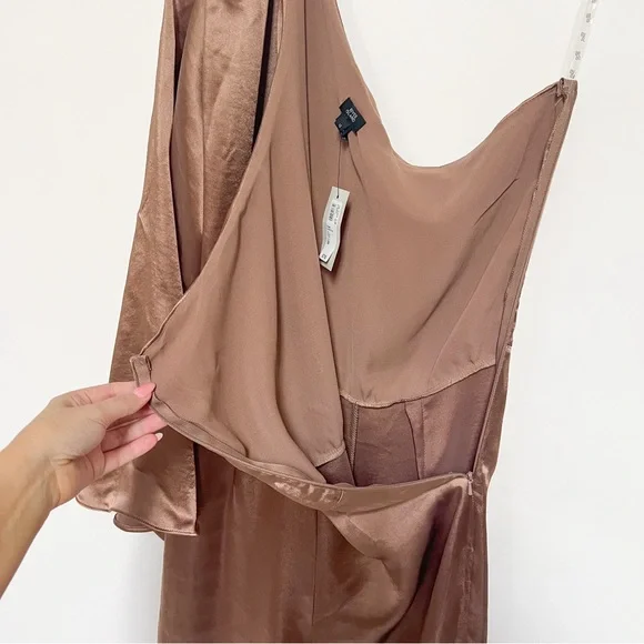 River Island Satin One-Shoulder Bronze Jumpsuit - Picture 11 of 12